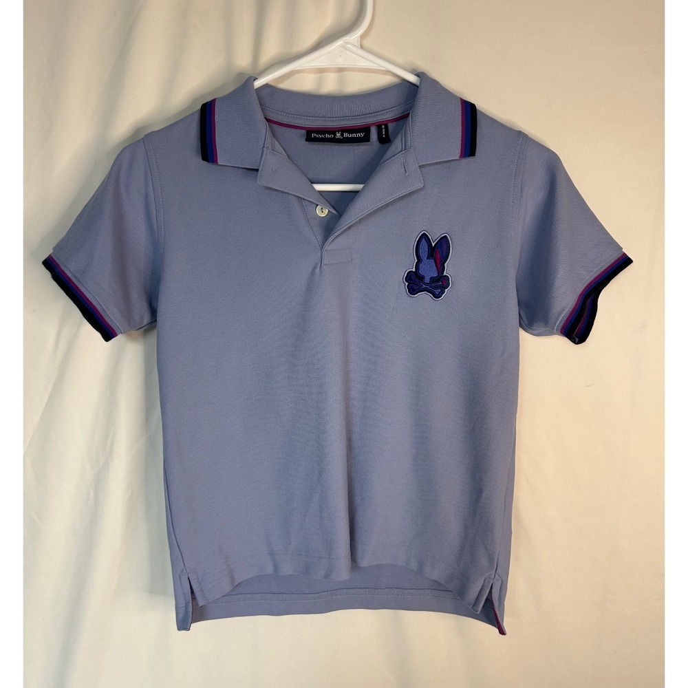 Psycho Bunny Boys Polo Shirt Light Blue Tipped Collar Logo Size 10-12 M-M